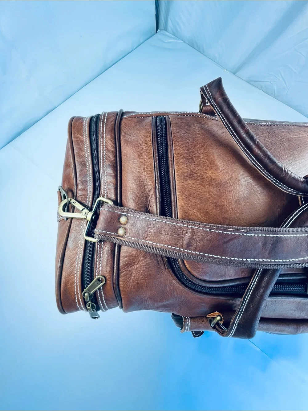 Classic Genuine Brown Leather Traveler Weekender Duffel Bag (Hand Made)